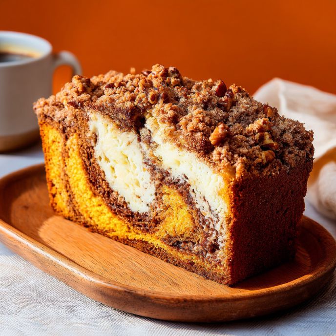 Slice of Pumpkin Cream Cheese Marble Bread with Pecan Streusel on a Wooden Plate