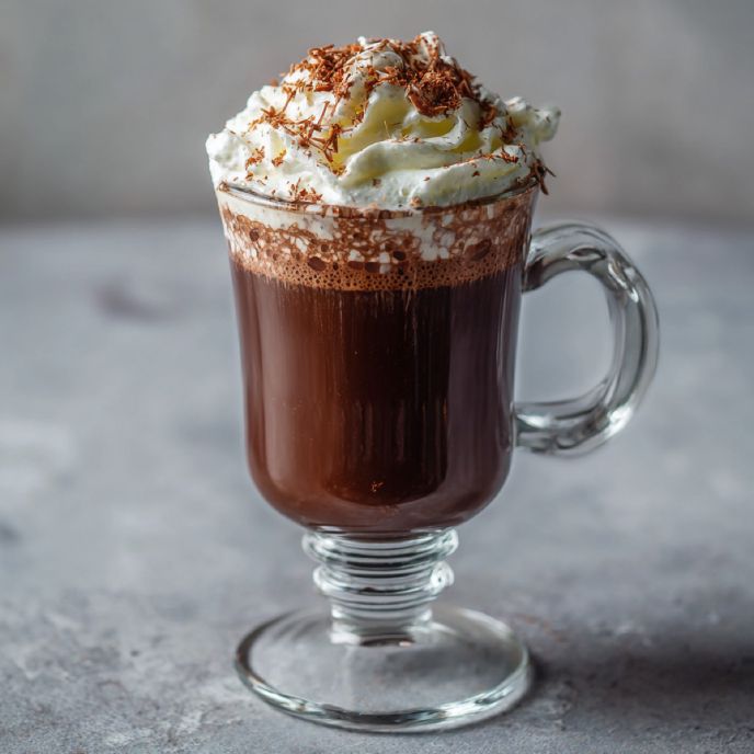 Authentic French Hot Chocolate in a glass mug with whipped cream