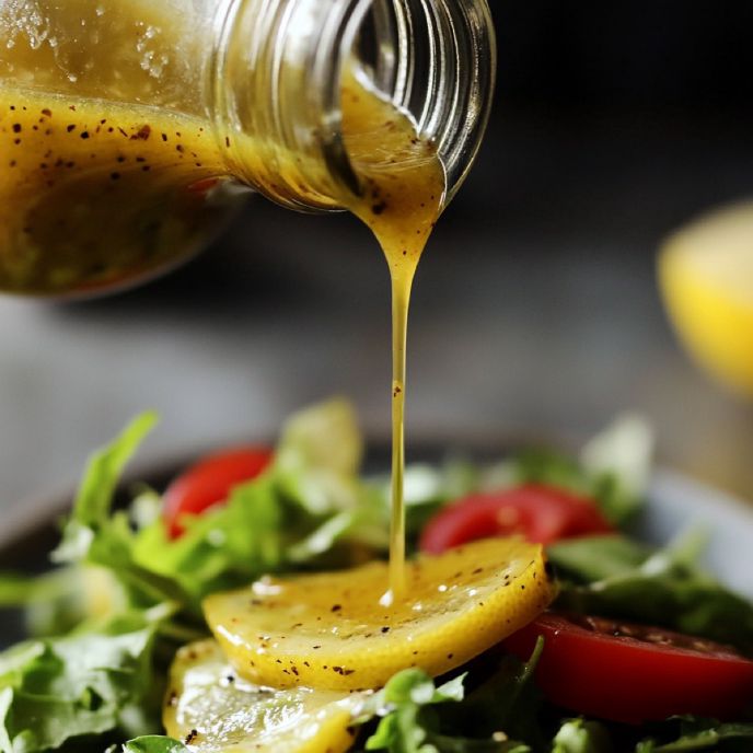 Zesty Lemon Vinaigrette Dressing Poured Over Salad