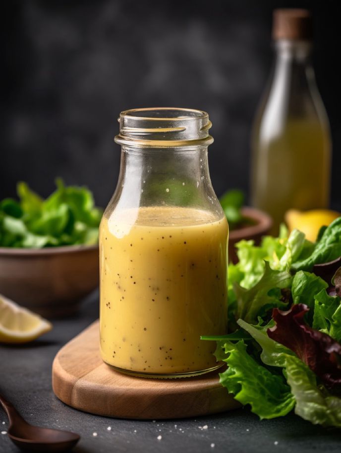 Zesty Lemon Vinaigrette Dressing In a Glass Bottle with Salad on the Side
