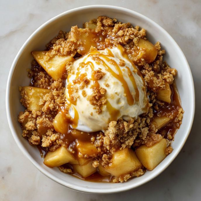 Brown Butter Miso Apple Crisp in a Bowl with Ice Cream and Caramel, top view