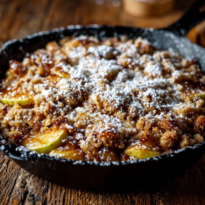 Brown Butter Miso Apple Crisp in a Skillet, Close Up