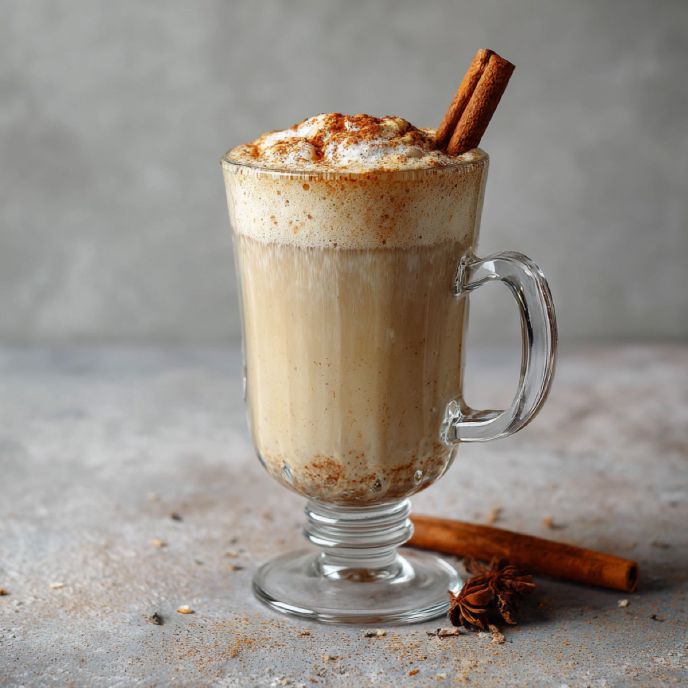 Homemade Chai Tea Latte in a Glass mug with cinnamon sticks