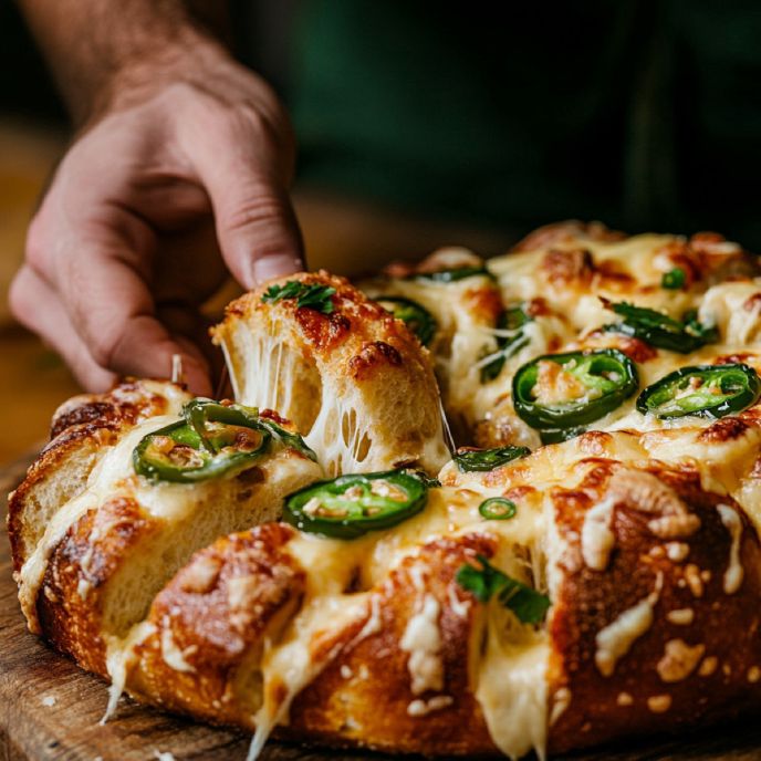 Hand pulling a piece of Cheddar Jalapeño Pull Apart Bread