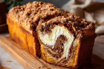 Pumpkin Cream Cheese Marble Bread with Pecan Streusel (Moist, Bakery-Style Fall Loaf)