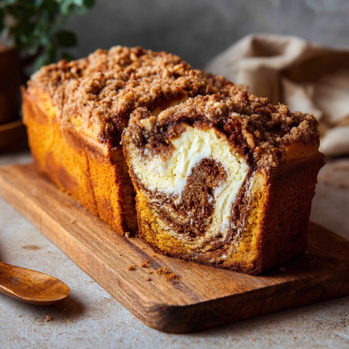 Pumpkin Cream Cheese Marble Bread with Pecan Streusel on a Cutting Board