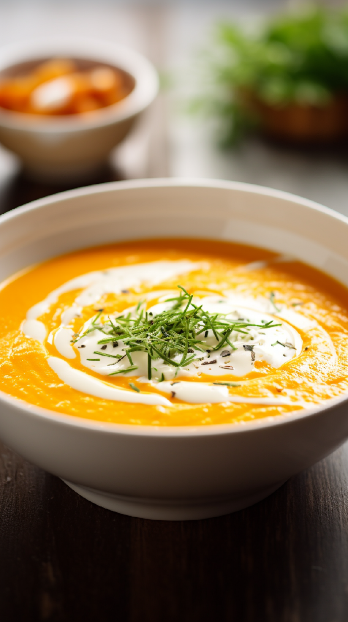 Creamy Pumpkin Soup with Sour Cream and Chives in a Bowl