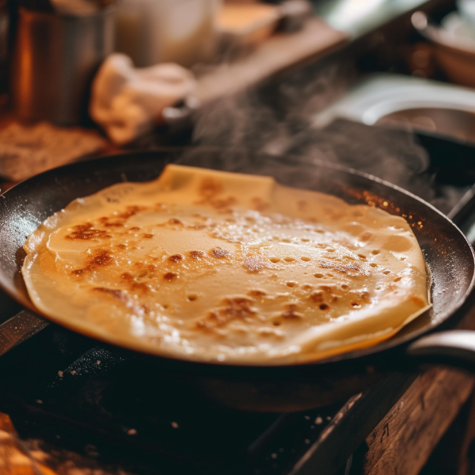 Crepe pancake cooking in a skillet