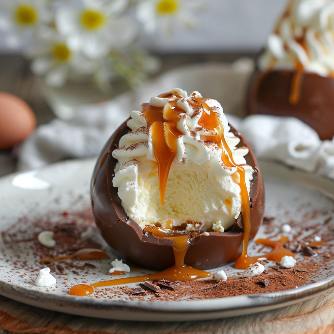 No-Bake Cheesecake Filled Easter Eggs with Caramel and Whipped Cream