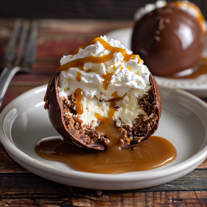 Cheesecake Filled Easter Eggs with Caramel and Whipped Cream