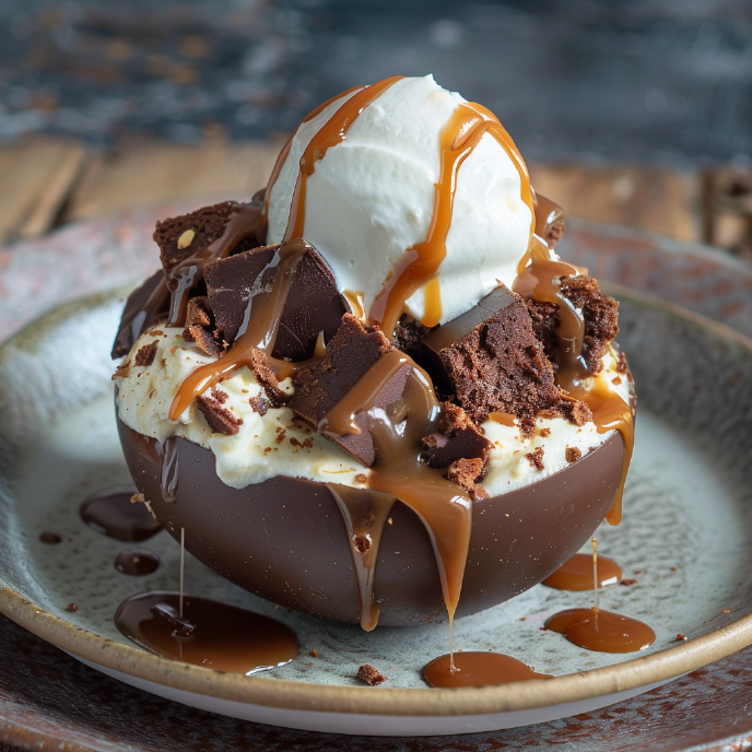 No-Bake Cheesecake Filled Easter Eggs with Brownie Bites, Caramel, and Whipped Cream