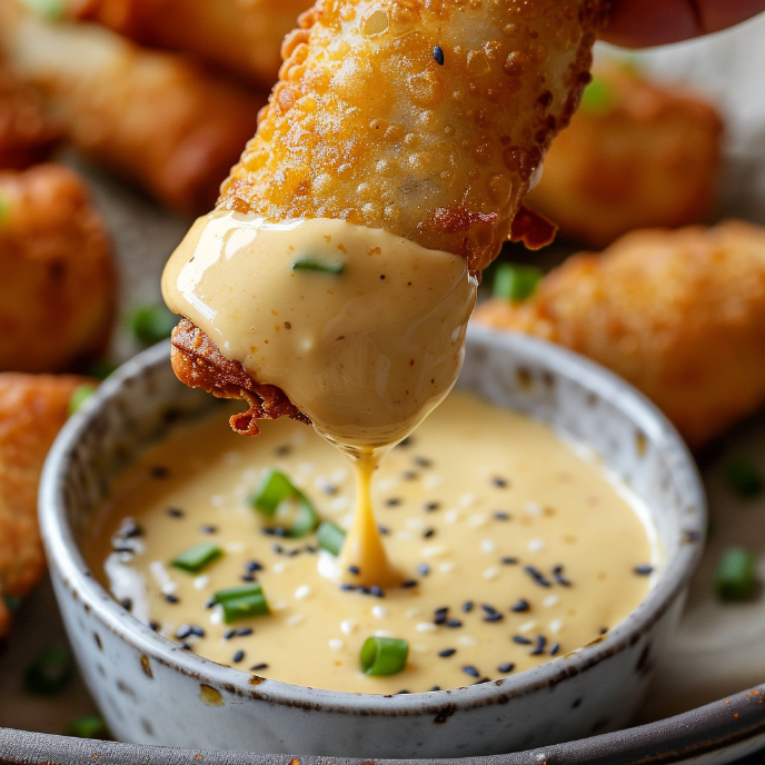 Easy Corned Beef Egg Rolls dipped in mustard sauce