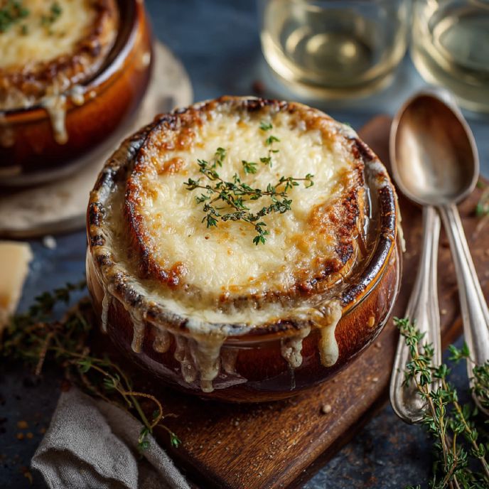 French Onion Soup with Apple Cider - top view
