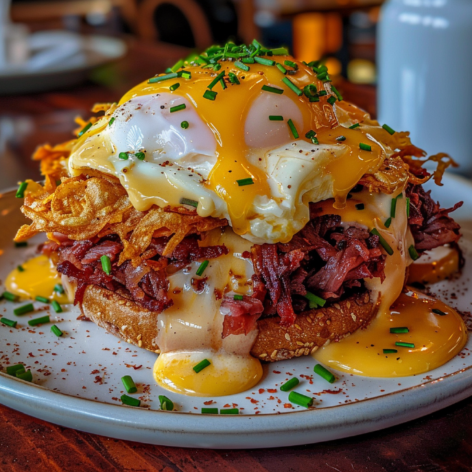 Irish Eggs Benedict with crispy onions and fried egg on top