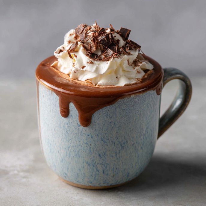 French Hot Chocolate in a mug with whipped cream