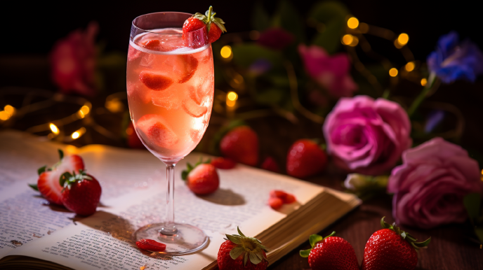 Strawberry and Prosecco cocktail on a table with cooks, flowers, and fresh strawberries