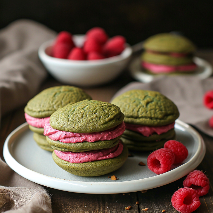 Matcha Whoopie Pies with Raspberry Frosting