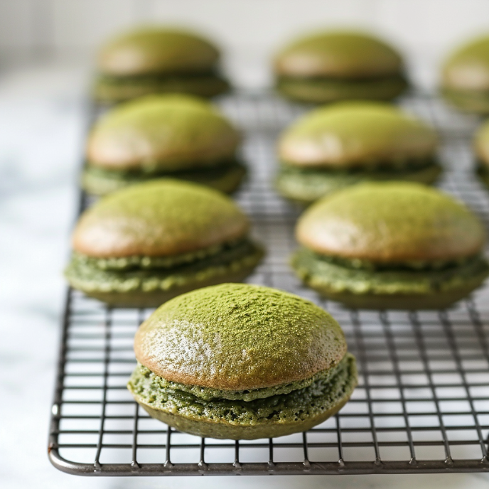 Matcha Whoopie Pies on a wire rack