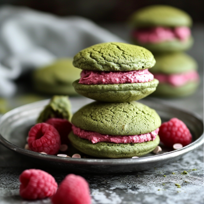 Matcha Whoopie Pies with Raspberry Frosting