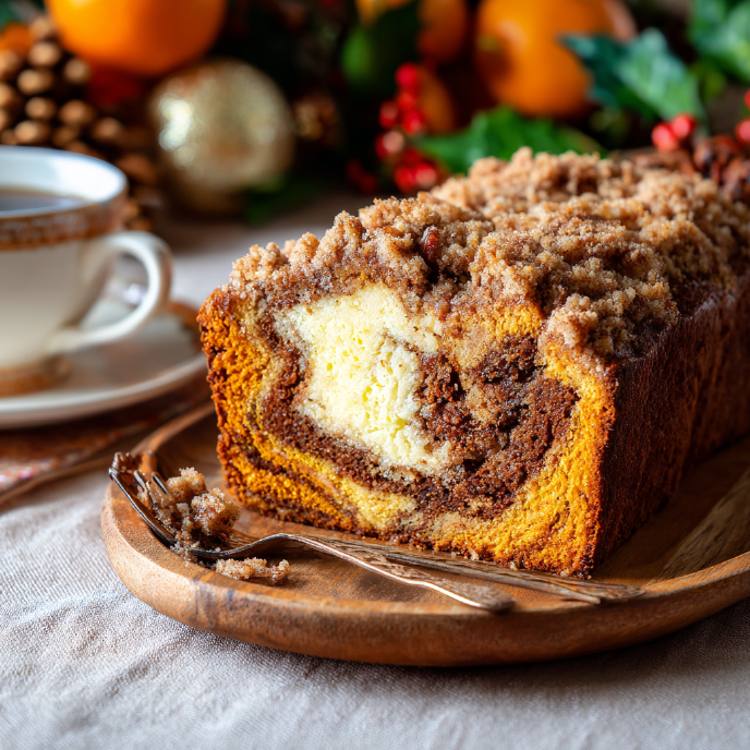 Pumpkin Cream Cheese Marble Bread with Pecan Streusel for Christmas