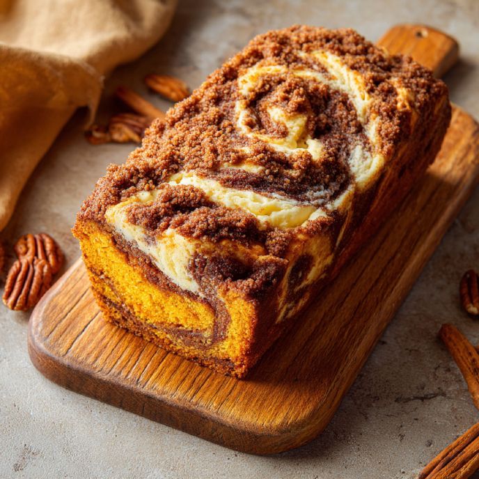 Loaf of Pumpkin Cream Cheese Marble Bread with Pecan Streusel on a Chopping Board