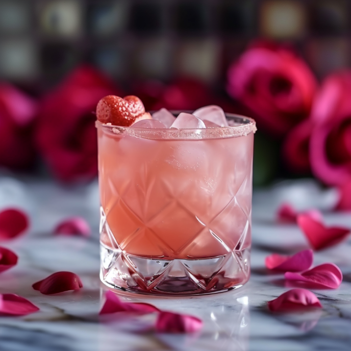 Sour Raspberry Valentine on the rocks (Raspberry Gin Sour with strawberry garnish)