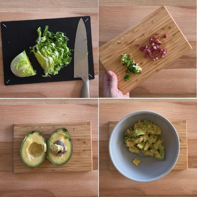 Shredded lettuce, diced onions, halved avocados, mashed avocados