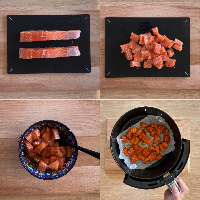 Salmon fillets, diced salmon, salmon in an air fryer basket