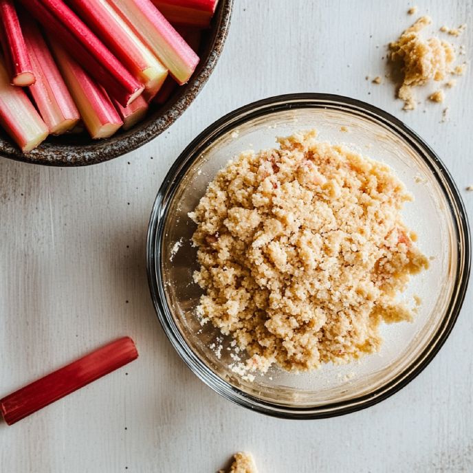Rhubarb and Shortbread Dough in a Bowl, top view