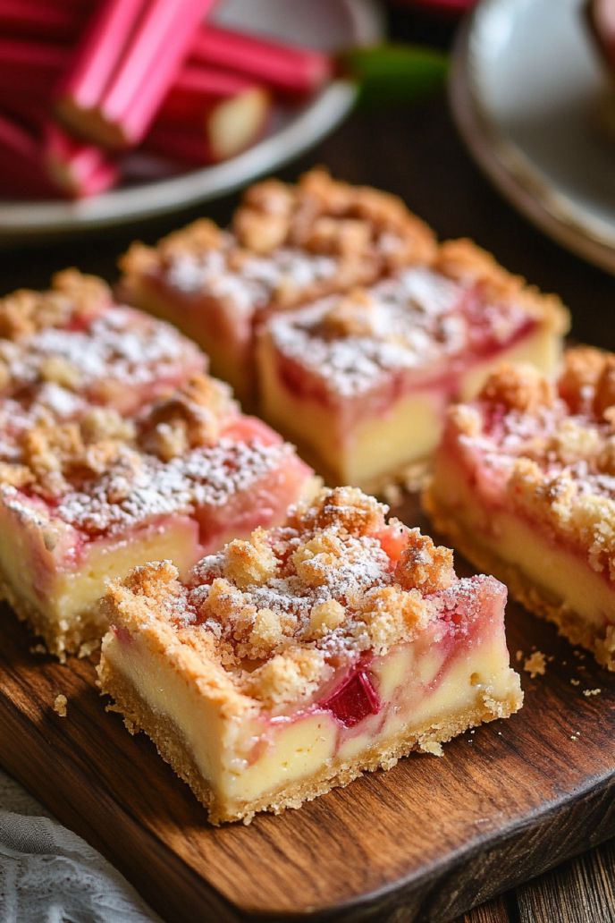 Rhubarb Custard Bars on a Cutting Board