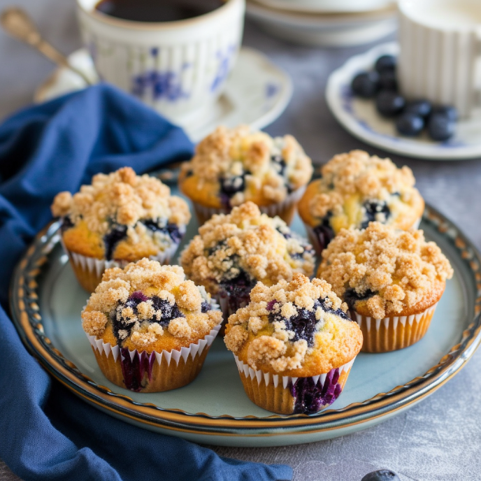 Sourdough Blueberry Muffins with Crumb Topping on a Plate
