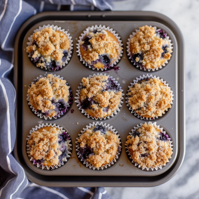 Sourdough Blueberry Muffins with Crumb Topping in a Muffin Tin, top down view