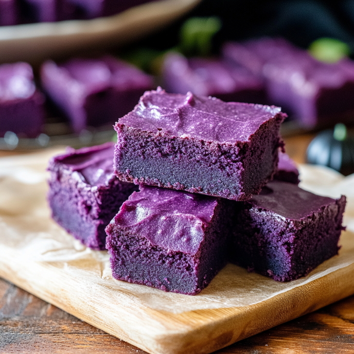 Fudgy Ube Brownies Stacked on a Chopping Board