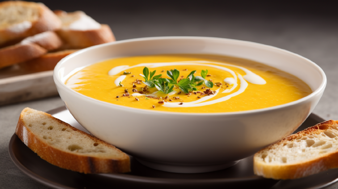 Creamy Pumpkin Soup with Crispy Bacon Garnish and Sliced Bread