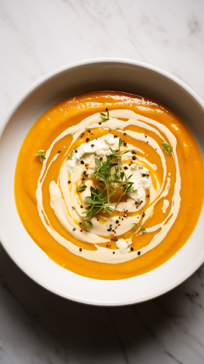 Creamy Pumpkin Soup with Fresh Herbs and Black Pepper Garnish, top down view
