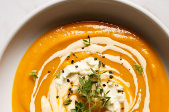 Creamy Pumpkin Soup with Crispy Bacon Garnish (Roasted or Air Fryer Pumpkin)