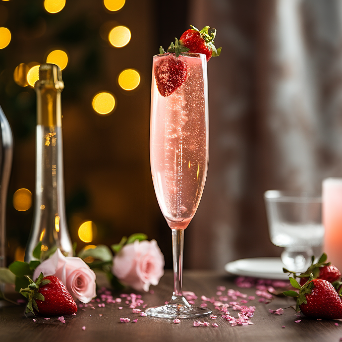 Love Story cocktail in a champagne flute with flowers and fresh strawberries