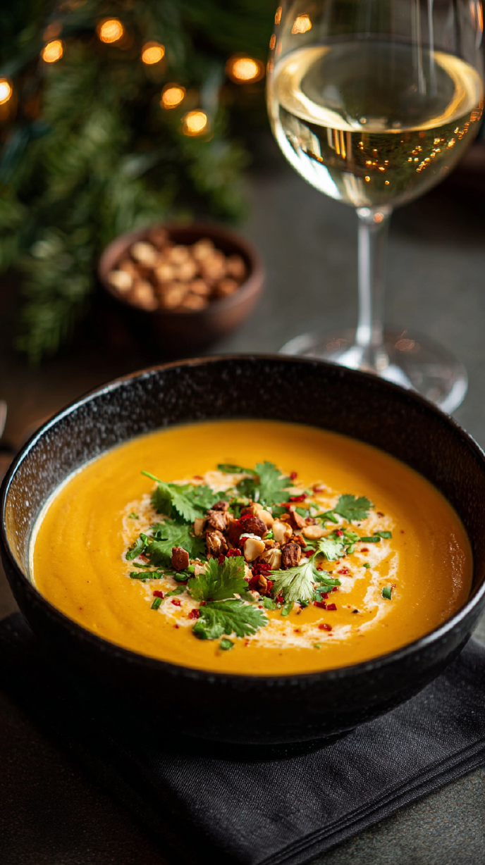Butternut Squash & Coconut Curry Soup with Chopped Nuts and Cilantro