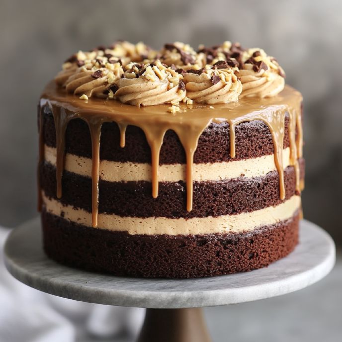 Layered Chocolate Cake with Peanut Butter and Mascarpone Frosting