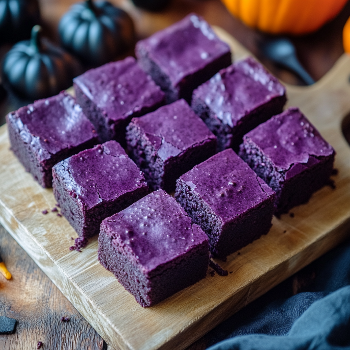Square Fudgy Ube Brownies on a Cutting Board