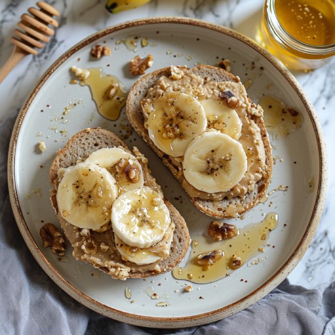 Homemade walnut butter on toast with bananas and honey