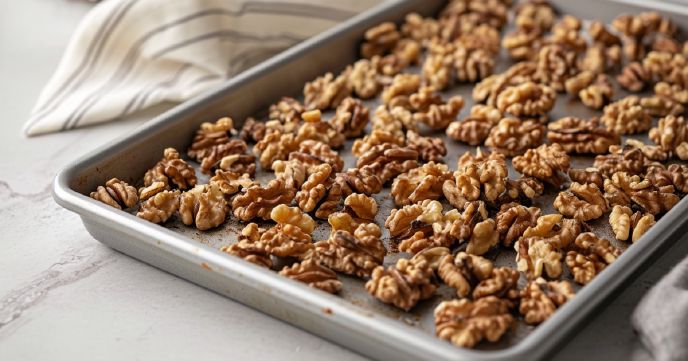 Toasted walnuts on a baking tray