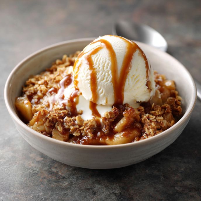 Brown Butter Miso Apple Crisp in a Bowl with Ice Cream and Caramel Sauce