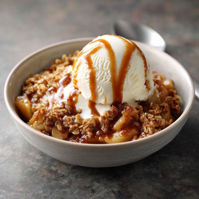 Brown Butter Miso Apple Crisp in a Bowl with Ice Cream and Caramel Sauce