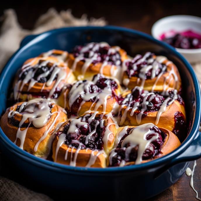 Blueberry Cinnamon Rolls with Glaze in a blue dish