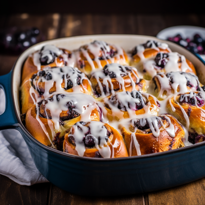 Blueberry Cinnamon Rolls with Glaze in a Baking Dish
