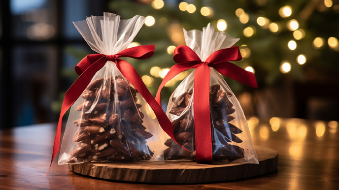Brownie brittle in clear bags with ribbon