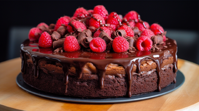 Chocolate cake with ganache and fresh raspberries