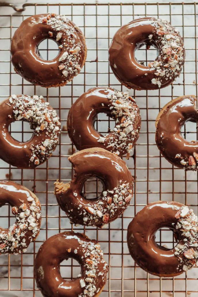 Cake Mix donuts with chocolate glaze and crushed pretzels