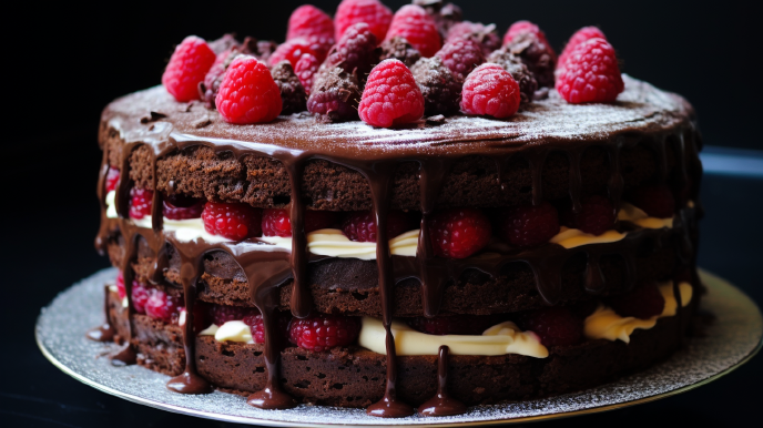 Chocolate layer cake with frosting, ganache, and fresh raspberries